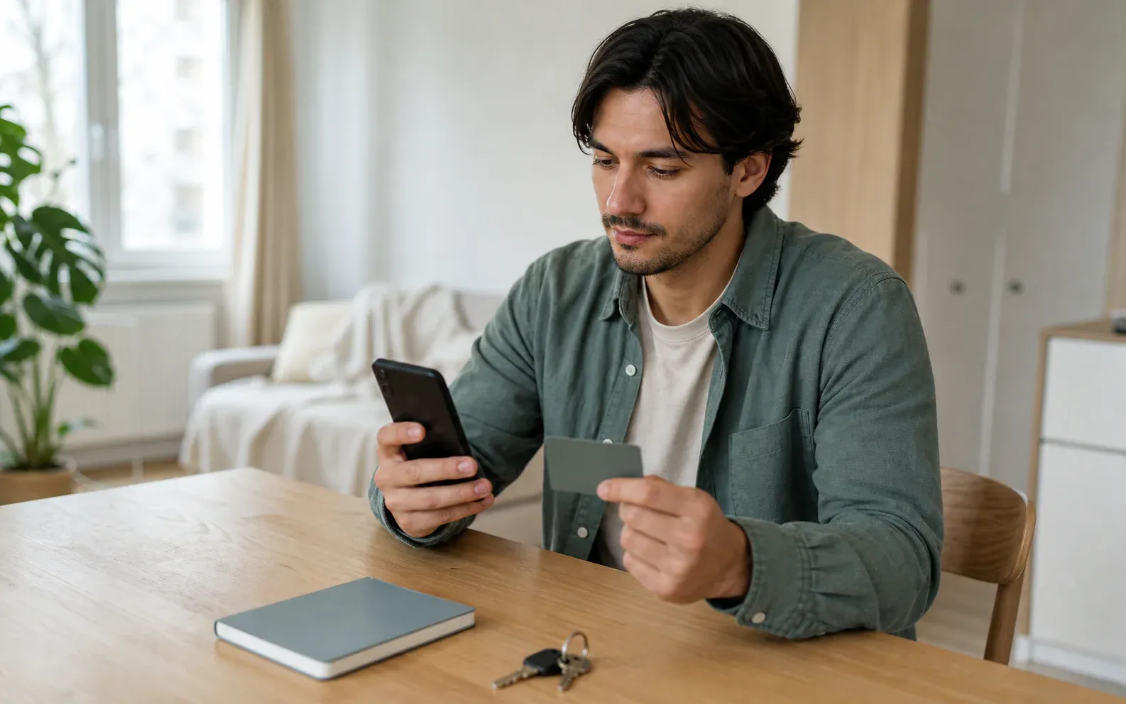 A newcomer checks a phone and bank card at a bright apartment table beside keys and a notebook