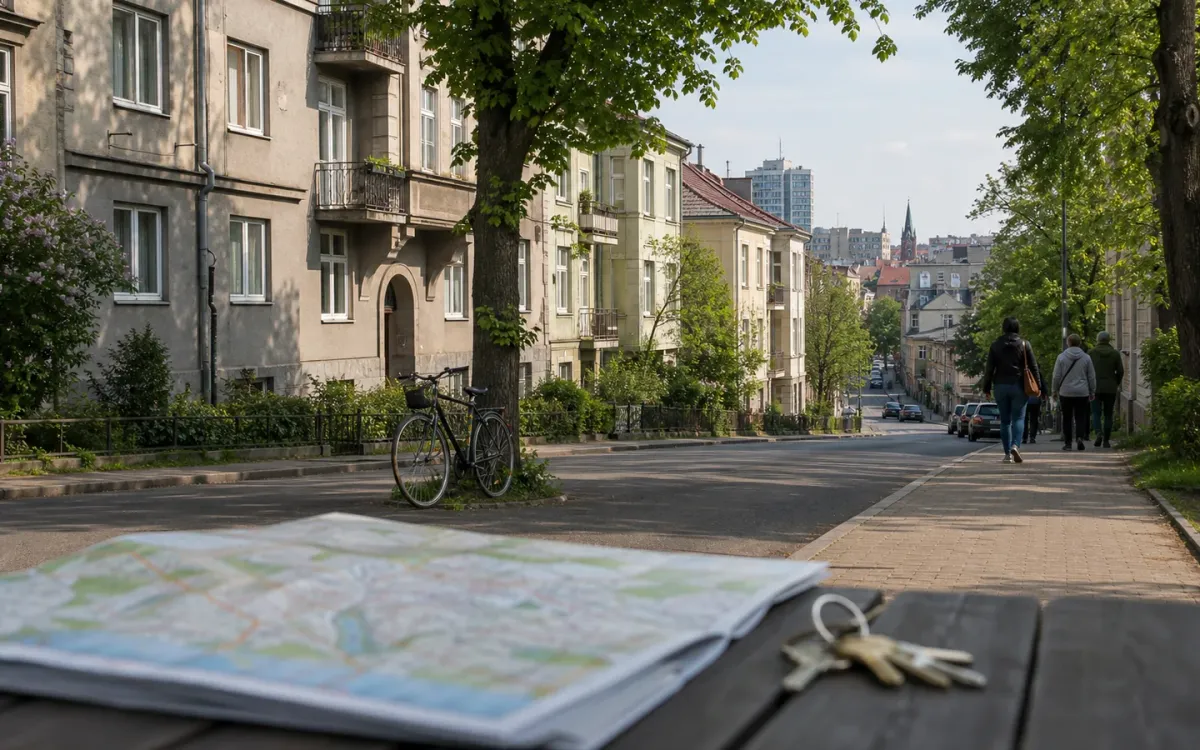 Leafy Kaunas residential street with interwar architecture, a bicycle, and a city map