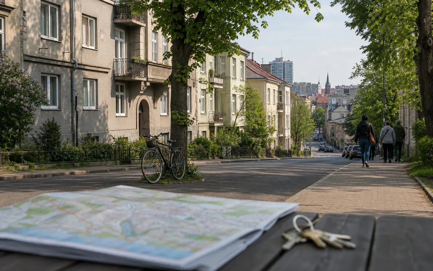 Žalia Kauno gyvenamoji gatvė su tarpukario architektūra, dviračiu ir miesto žemėlapiu