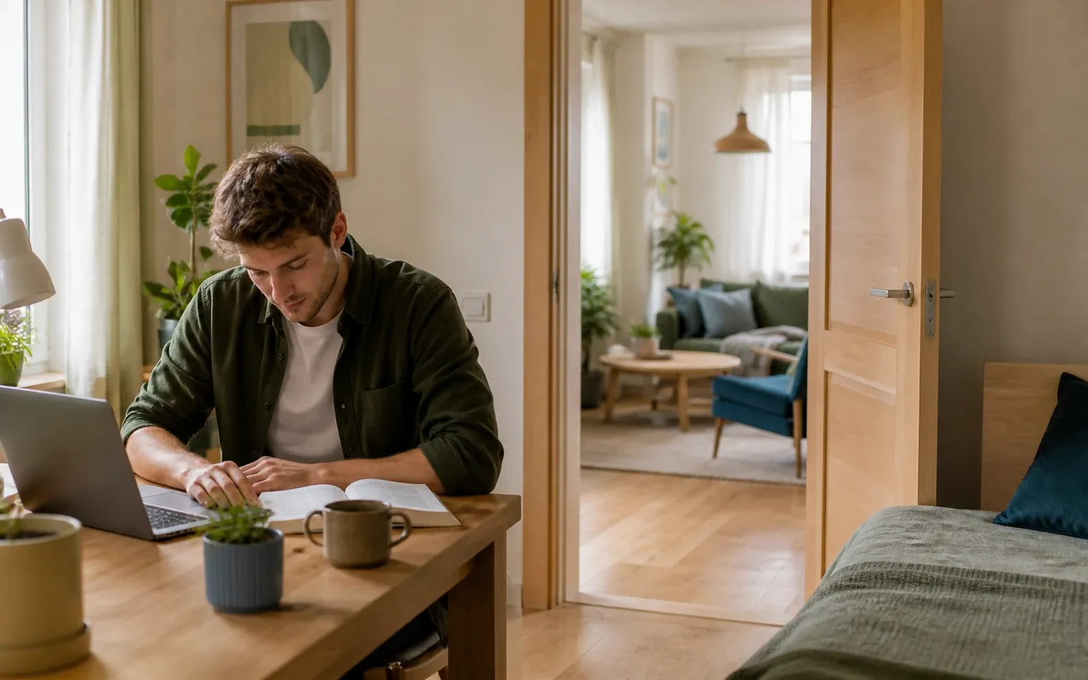 Resident working quietly in a private coliving room beside an open doorway to the shared lounge