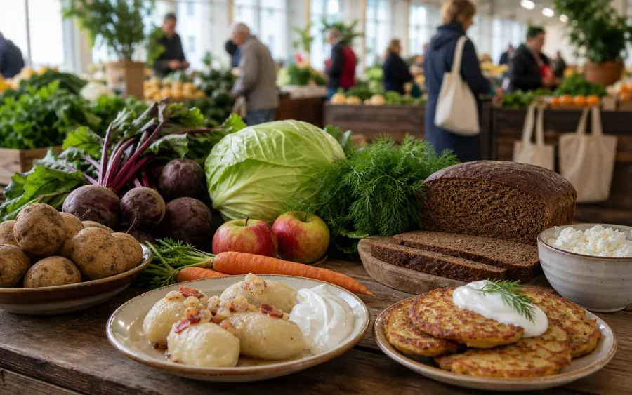 Kasdieniai lietuviški produktai, daržovės, ruginė duona ir bulvių patiekalai Kauno turguje