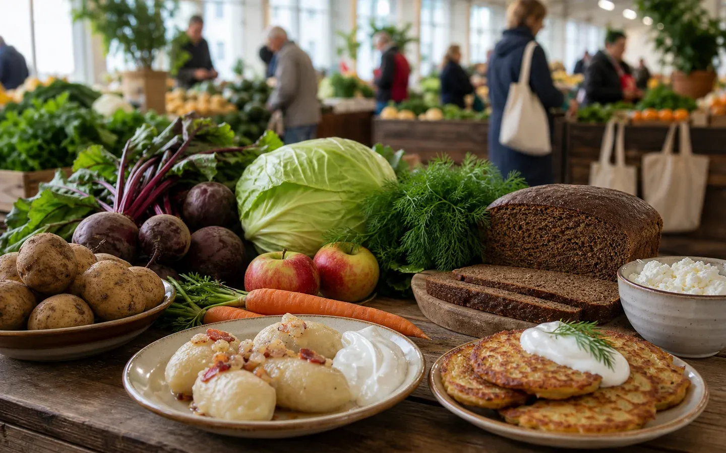 Kasdieniai lietuviški produktai, daržovės, ruginė duona ir bulvių patiekalai Kauno turguje