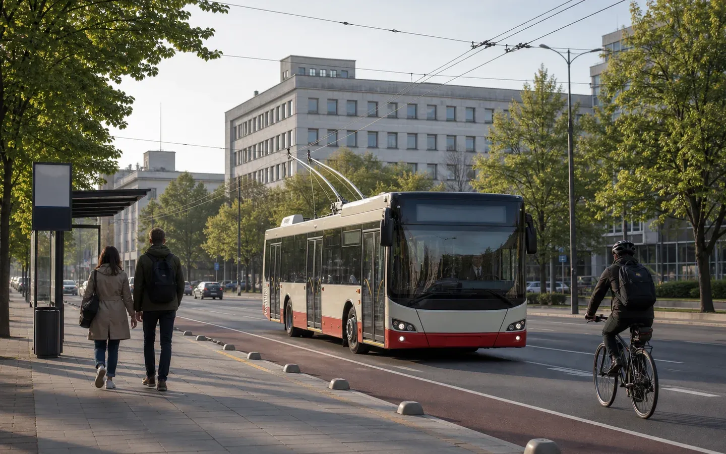Troleibusas, dviratininkas ir pėstieji žaliuojančioje Kauno centro gatvėje