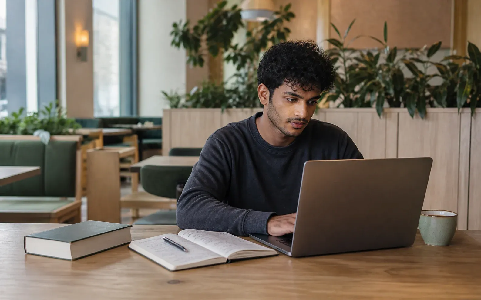International student balancing study and laptop work in a calm Kaunas workspace