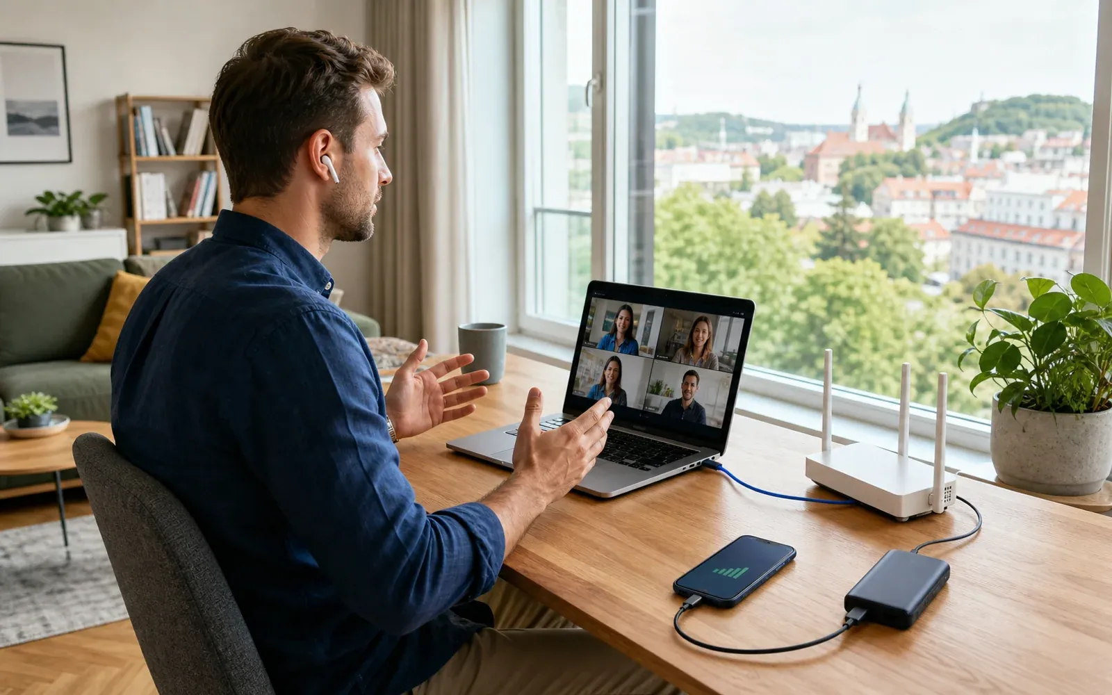 Remote-work setup with a router, wired internet, and mobile backup connection