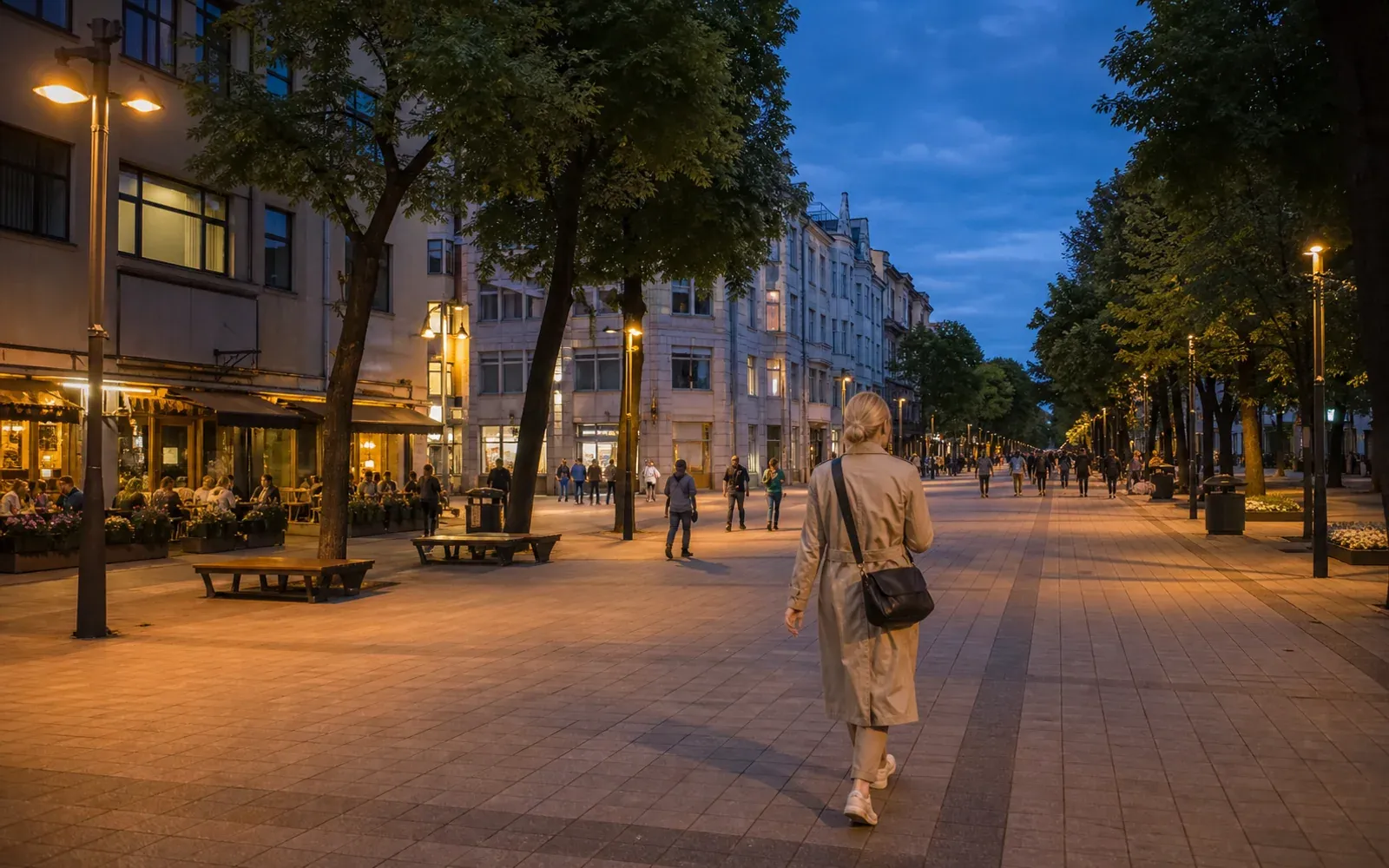 Solo resident walking home along a well-lit pedestrian street in central Kaunas