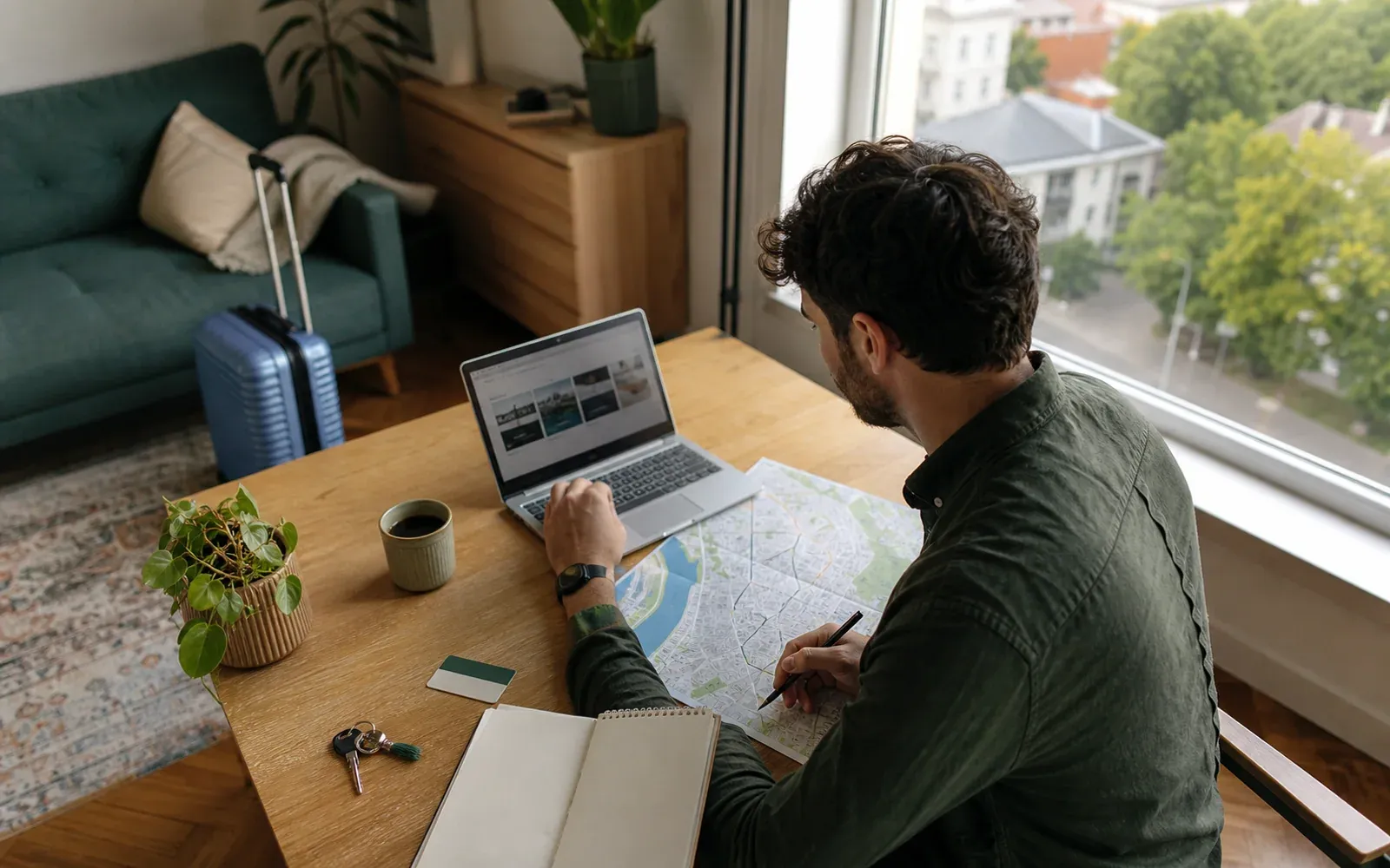 Remote worker planning a longer stay in Kaunas with a city map and laptop