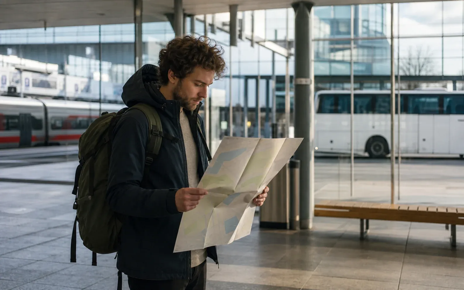 Keliautojas su žemėlapiu renkasi traukinį arba autobusą Kauno transporto mazge