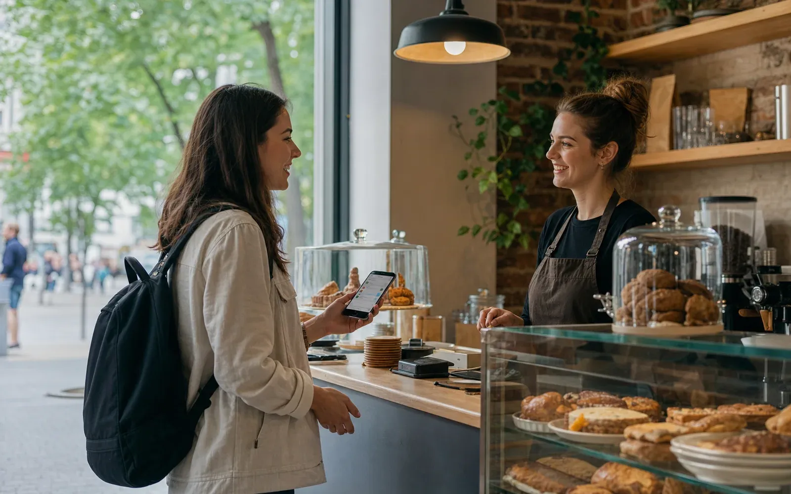 Newcomer speaking with cafe staff in Kaunas and using a translation app when needed