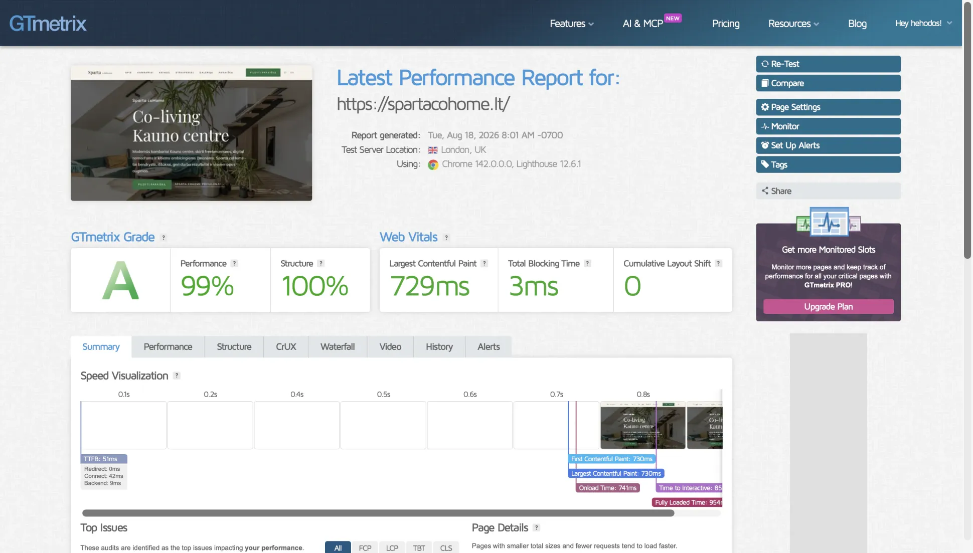 GTmetrix desktop report for spartacohome.lt showing Grade A, 99 percent Performance, and 100 percent Structure