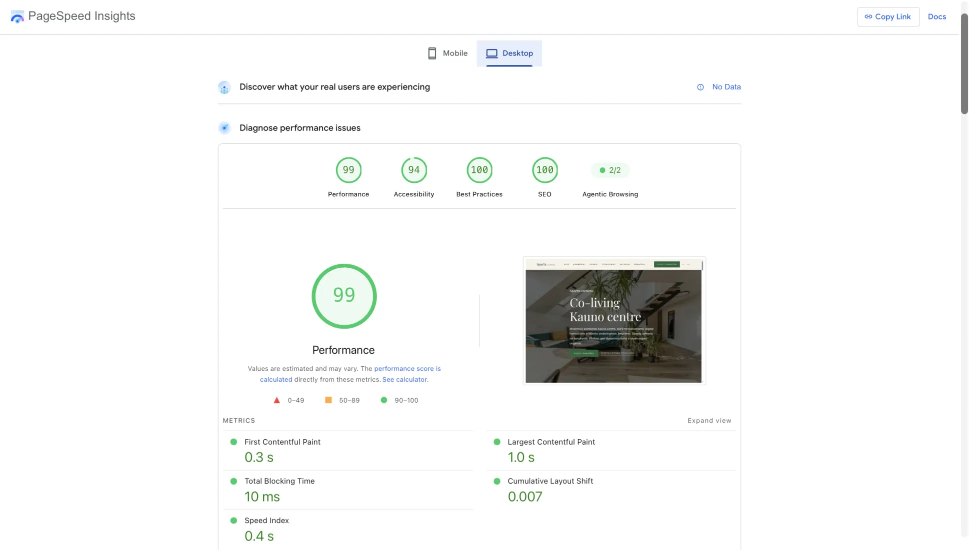 PageSpeed Insights desktop report for spartacohome.lt showing scores of 99 for Performance, 94 for Accessibility, 100 for Best Practices, and 100 for SEO