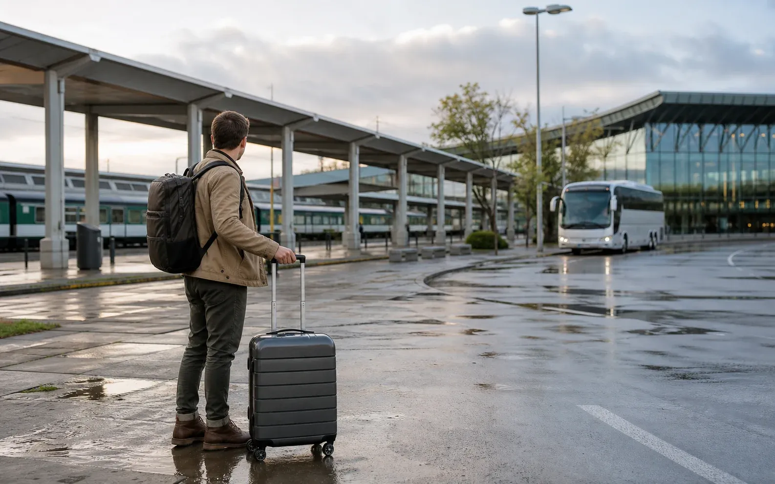 Traveller with a suitcase choosing between a train and intercity coach at an airport transport hub