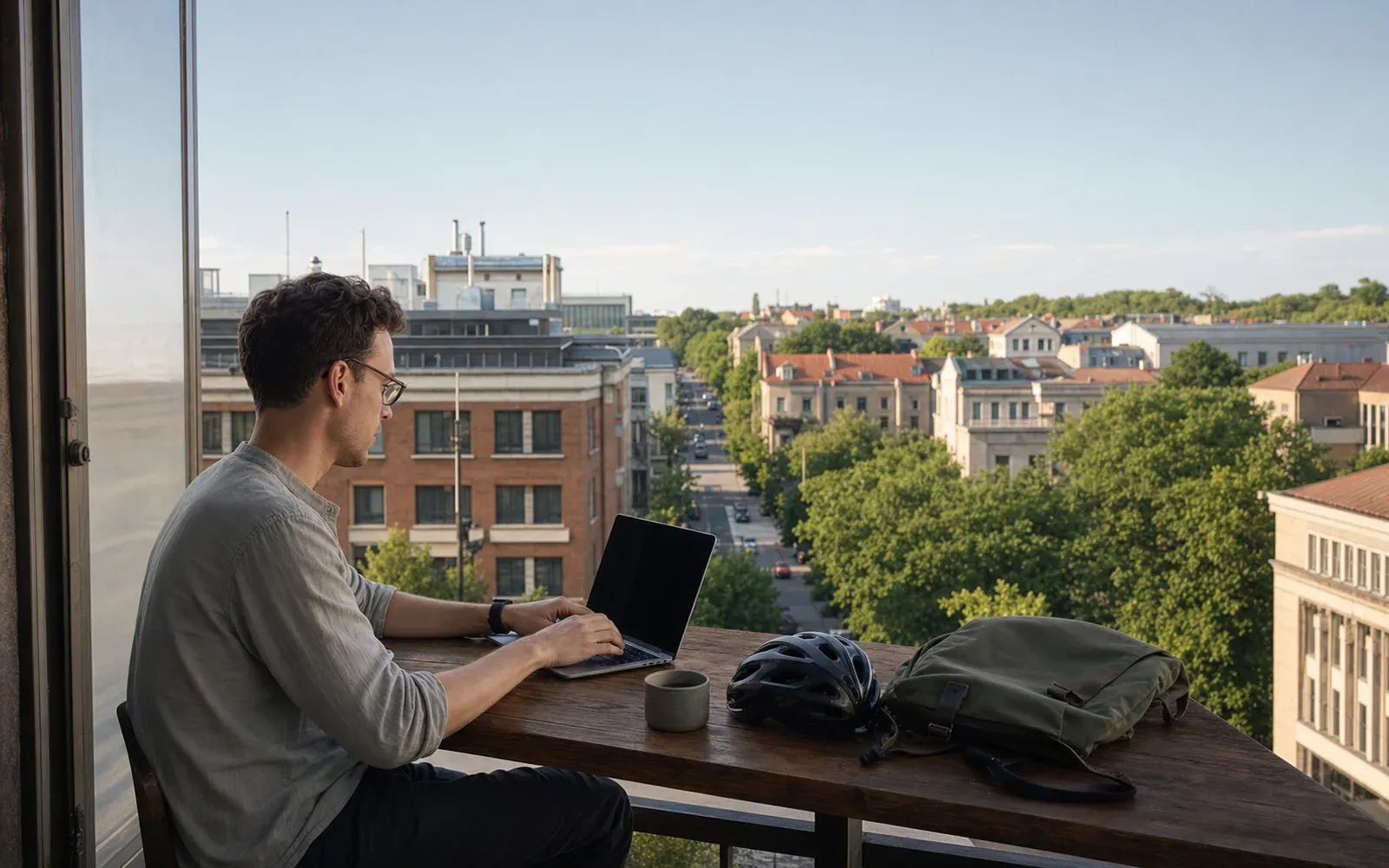 Remote professional working above compact and leafy central Kaunas