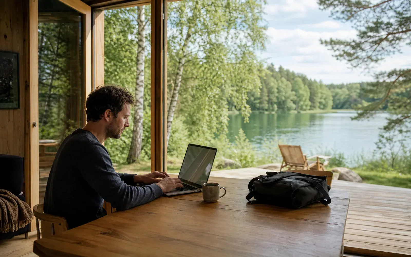 Remote professional working beside a peaceful Lithuanian lake in summer
